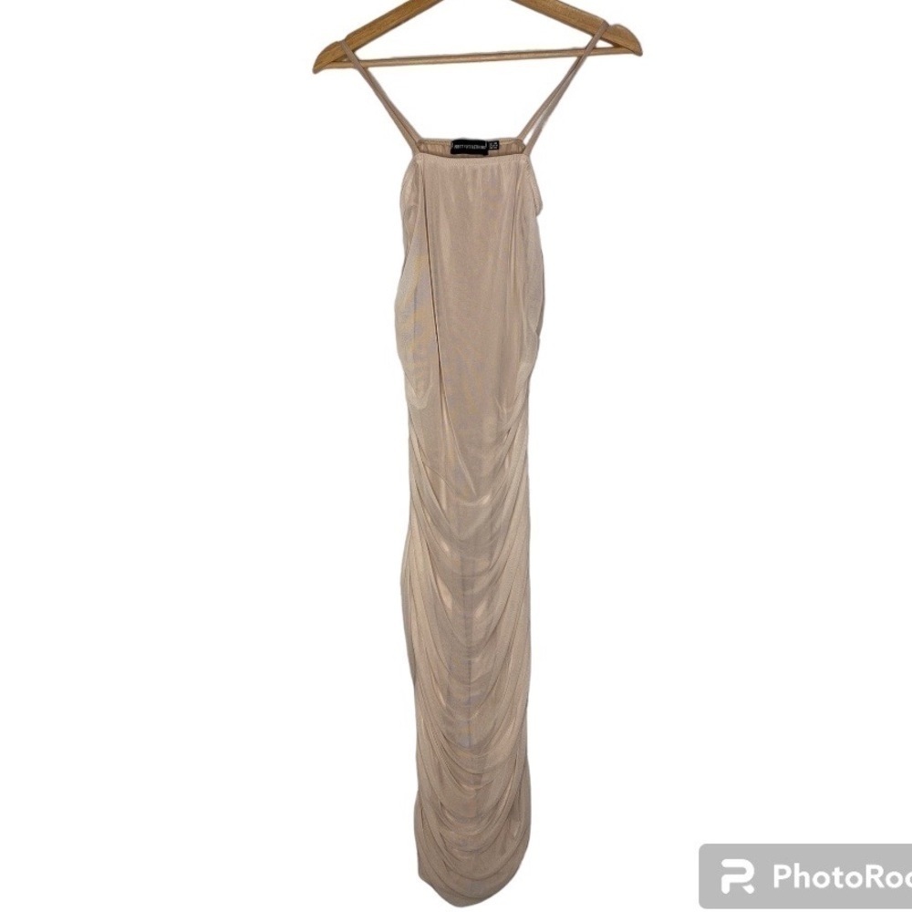 PrettyLittleThing Nude Mesh Ruched Bodycon Dress